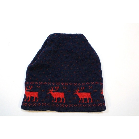 Vintage Stowe Woolens Moose Pattern Blue / Red Knit Ski Hat Made in USA - Picture 2 of 9